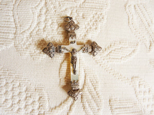 Antique Pendant Cross, Mother Of Pearl Cross With Solid Silver Corpus Christi Back And Tips, French circa 1870, With 18" Silver Chain