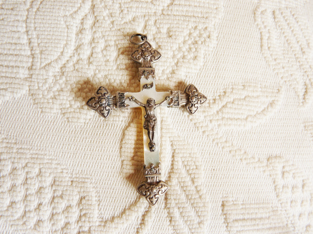 Antique Pendant Cross, Mother Of Pearl Cross With Solid Silver Corpus Christi Back And Tips, French circa 1870, With 18