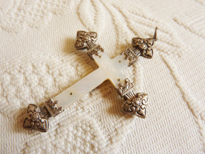 Antique Pendant Cross, Mother Of Pearl Cross With Solid Silver Corpus Christi Back And Tips, French circa 1870, With 18" Silver Chain