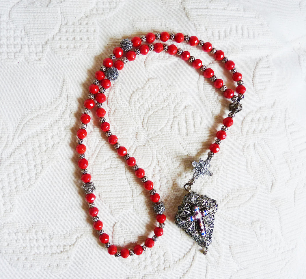 Antique Bavarian Rosary, Silver and Coral 'Biedermeier' Rosary, Lovely Condition, 5 Decade, 42 cm Long, Ca 1850