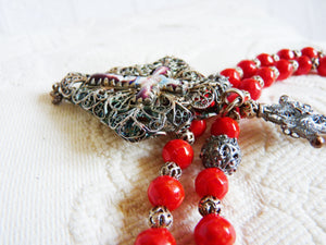 Antique Bavarian Rosary, Silver and Coral 'Biedermeier' Rosary, Lovely Condition, 5 Decade, 42 cm Long, Ca 1850