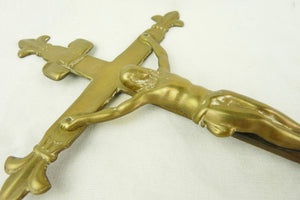 Antique French Altar Crucifix, Handmade in Solid Gilded Bronze, Folk Art, 17th Century, 29x15 Centimetres
