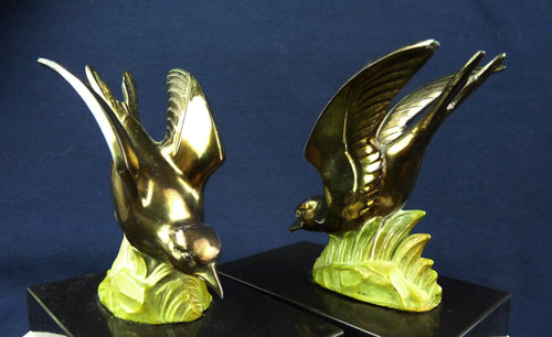 Antique Book Ends, French, Cold Painted Bronze, Art Deco Circa 1930, Swallows on Marble Base