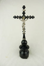 Load image into Gallery viewer, Antique Altar Cross, Beautiful Ornate Turned Wood French Altar Crucifix, Silvered Metal, Porcelain Caps, Napoleon III Era Circa 1860 43 centimetres