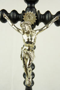 Antique Altar Cross, Beautiful Ornate Turned Wood French Altar Crucifix, Silvered Metal, Porcelain Caps, Napoleon III Era Circa 1860 43 centimetres