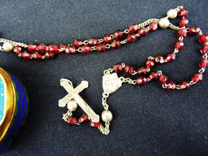 Antique Child's Rosary, Garnet and Silver Beads, Silver Chain and Cross, Cloisonné Case