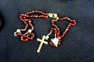 Antique Child's Rosary, Garnet and Silver Beads, Silver Chain and Cross, Cloisonné Case