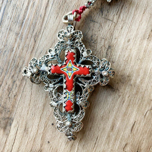 Antique Bavarian Rosary, Silver 'Biedermeier' Rosary, Hand Strung, Polished Stone Beads, Lovely Condition, 5 Decade, 58 cm Long, Ca 1850