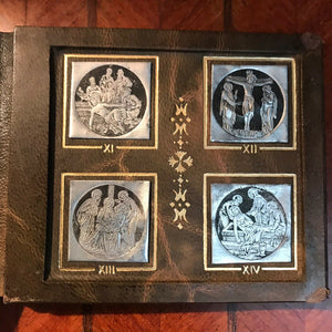 Portable Stations Of The Cross Shrine, Book Form, 14 Pewter Medallions Set On Leather, Gold Blocked, Beautiful Condition. Silver Corpus Christi with Gilded Halo