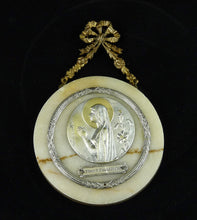 Load image into Gallery viewer, Silver Medal Of The Virgin Mary Mounted On Marble With Silver Circle, M. C. Renard Circa 1930