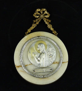 Silver Medal Of The Virgin Mary Mounted On Marble With Silver Circle, M. C. Renard Circa 1930