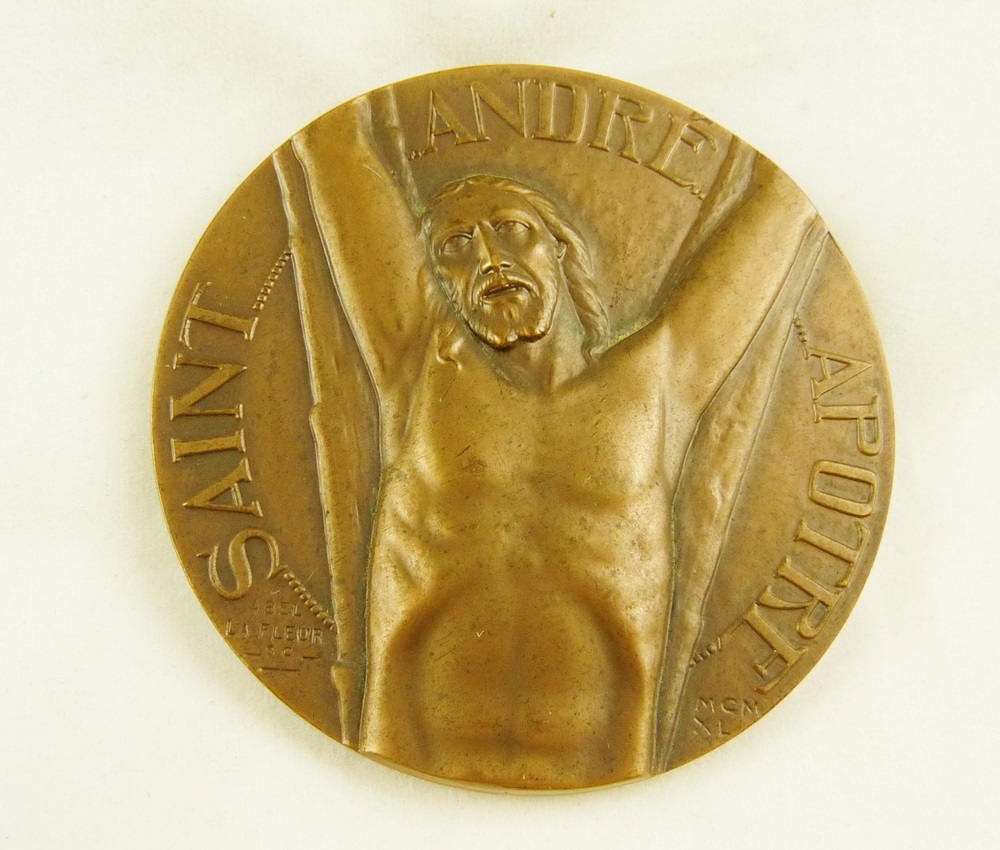 Art Deco Bronze Medal of Saint Andrew The Apostle by Abel La Fleur in 1950