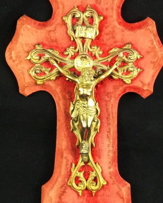 Antique French Holy Water Font, Red Velvet & Gilt Mounts, c. 1870