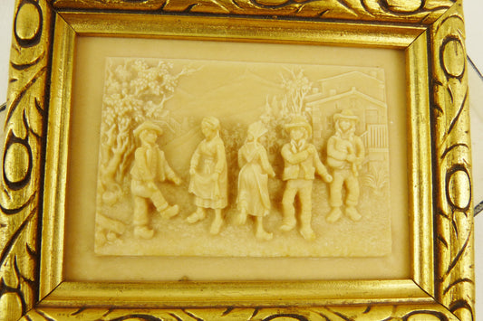 Antique French Meerschaum Village-Dance Carving with Cabrette Player, Framed