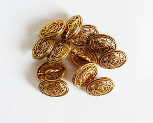 Set Of 12 Vintage French Made Buttons, Filigree Bronze, 15 x 12 mm, Self Shank