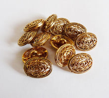 Load image into Gallery viewer, Set Of 12 Vintage French Made Buttons, Filigree Bronze, 15 x 12 mm, Self Shank
