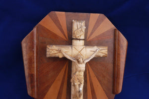 Antique Altar Crucifix, Wooden Art Deco Mounting, Lost Wax Cast, Circa 1920s
