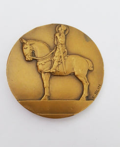 Large bronze Medal of Saint Joan of Arc by Édouard-Pierre BLIN 1931 Depicting Young Joan in Armour and Praying on Horseback On The Reverse