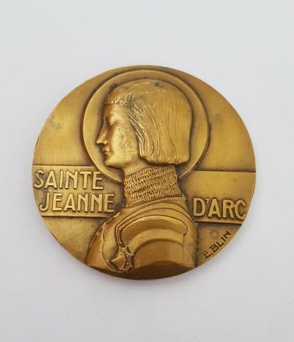 Large bronze Medal of Saint Joan of Arc by Édouard-Pierre BLIN 1931 Depicting Young Joan in Armour and Praying on Horseback On The Reverse